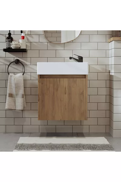 Badkamerkast van Spaanplaat met één deur en wastafel zonder poten, toiletrolhouder, toiletstandaard