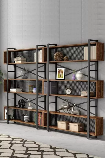 3-етажен индустриален дизайнерски двойна полица библиотека, файлова полица, аксесоарна полица