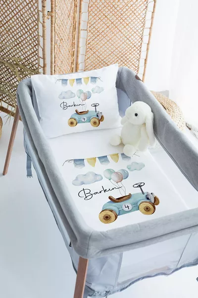 % Cotton Satin Personalized Named Crib Bedding Set Car and Balloons