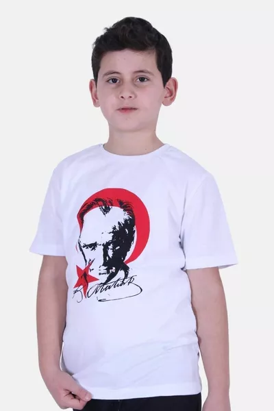 قميص تي شيرت للجنسين بطبعة أتاتورك مع توقيع وتفاصيل هلال ونجمة