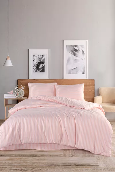 Katoenen satijnen gestreepte tweepersoons dekbedovertrekset met elastisch hoeslaken