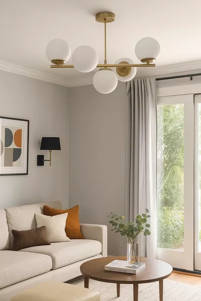 رومَا صالون تصميم حديث، غرفة طعام، مطبخ، لون أبيض قديم، ثريا ٥ قطع بزجاج