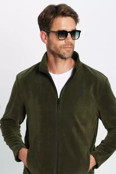 سترة صوفية مقاومة للبرد بسحاب كامل، بحجم قياسي، بلون زيتي، غير قابل لتكوّن الوبر، للجنسين