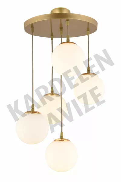 Висяща тавичка с 5 бели лампи и стъклени топчета, насочени надолу