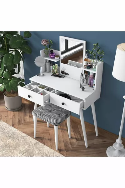 Rani Makeup Table with 2 Drawers, Shelf, Mirror Jewelry Organizer + Stool Set White