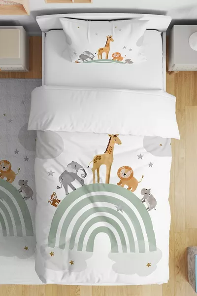 Pastel Rainbow Safari Pattern Single Bedroom Baby Kids Duvet Cover Set