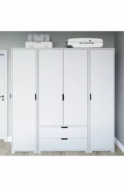 خزانة ملابس صلبة بيضاء مطفي بأربع أبواب ودرجين - طقم خزانة