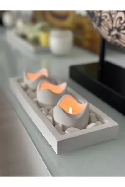 Parasole Modern Tasarım Beton Tepsili Dolomit Taşlı 3'lü Mumluk (MUM VE KİBRİT HEDİYELİ)