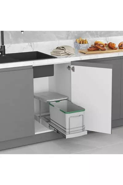 سلة قمامة منزلقة داخل خزانة تحت الطاولة مزودة بمسار تلسكوبي، سعة لتر، ضمان سنتان