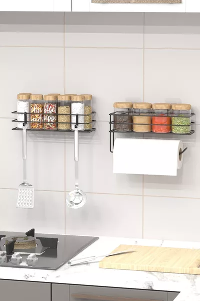 حامل التوابل المعدني اللاصق مزدوج مع حامل مناشف ورقية أسود رف المطبخ