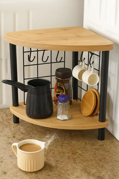 Countertop Shelf – Mini Coffee Corner and Spice Rack with 6 Hook Organizer for a Happiness Corner