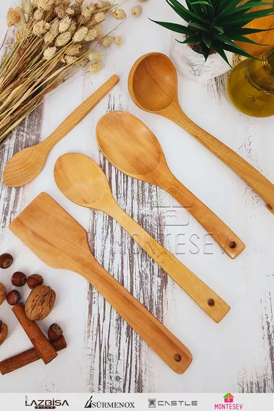 Set di 5 Cucchiai da Cucina in Legno, Faggio, Bosso e Bambù
