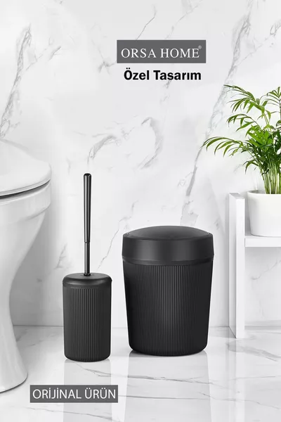  Siyah Banyo Çöp Kovası Ve Tuvalet Fırçası Seti