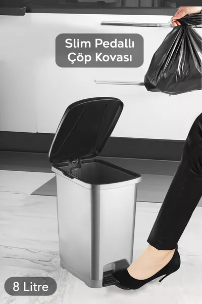 8 литров кош за боклук с педал, сив, за баня и кухня, с черен капак, тънък модел с педал