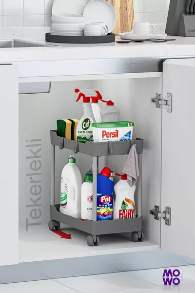 Gray 2-Tier Wheeled Organizer 2-Piece Set Kitchen Shelf Bathroom Shelf Under-Counter Sink Organizer Detergent Holder