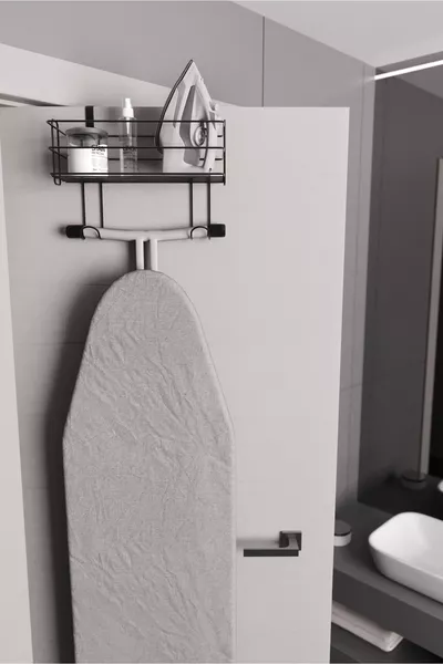 Over-the-Door Iron and Ironing Board Hanger Iron Organizer Shelf - Black