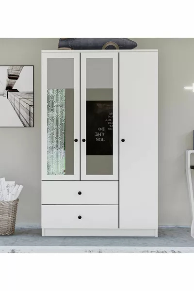 Gm Armadio con Specchio a 3 Ante, 2 Cassetti e Maniglie a Bottone