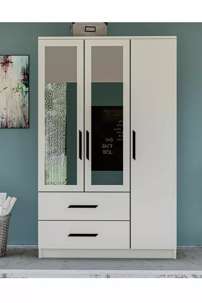 Gm Modena 3 Deurs 2 Lade Spiegelend Wit Kledingkast met Zwarte Handgrepen