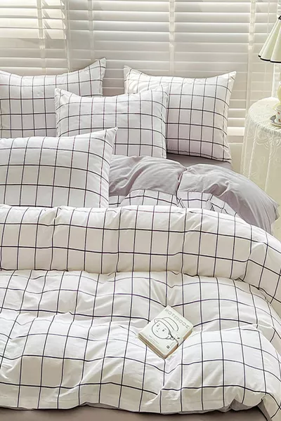 Single Bed Duvet Cover Set with Fitted Sheet White Small Check Small