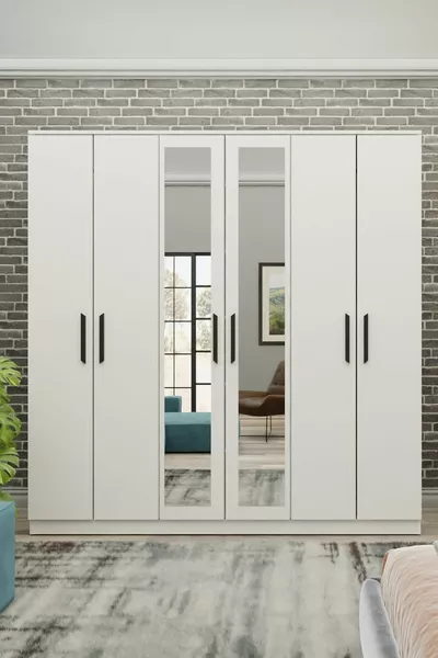 Gm Preferito Armadio Bianco con 6 Ante Specchiate e Maniglie Nere