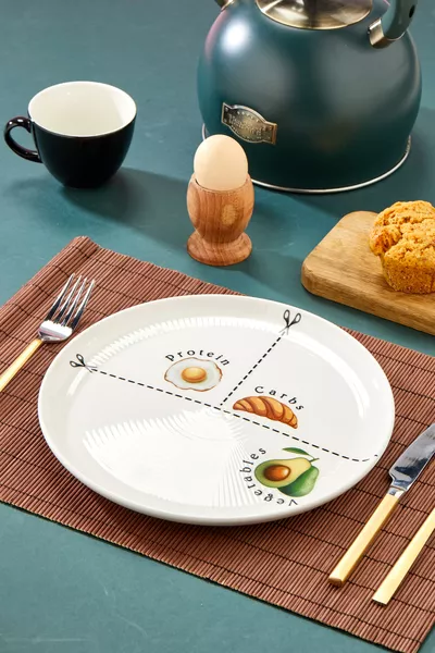 Balanced Nutrition Plate, diet plate, portion plate, healthy meal serving presentation balance motivation