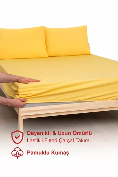 Еднолицев чаршаф с ластик за единично/двойно легло от тъкан % памук, жълт цвят (7 различни размера)