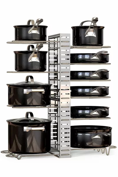 Pot and Pan Organizer Cabinet Inside-Outside Multi-Layer Adjustable Height Shelf 6 Different Uses