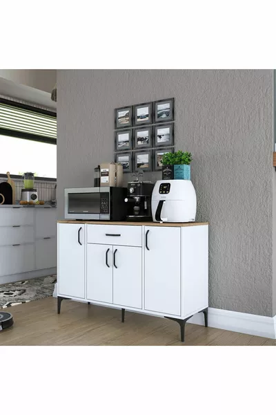 خزانة راني زاوية القهوة متعددة الاستخدامات بأربعة أبواب ودرج واحد لخزانة المطبخ باللون الأبيض - جوزي داكن