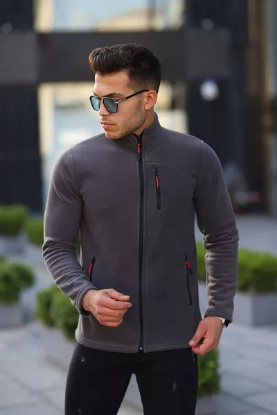 Felpa da uomo in pile Antracite Shoftsell, modello standard, con zip completa e 3 tasche