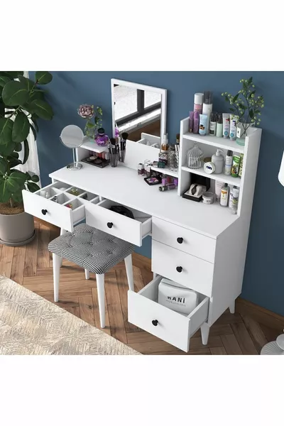 طاولة مكياج بها 5 أدراج ورف مع مرآة ومنظم مجوهرات وطقم مقعد باللون الأبيض