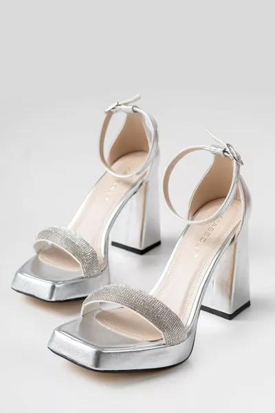 Silver Metallic Stone Single Band Angular Platform Summer Casual Women's Shoes Premium Model New Season