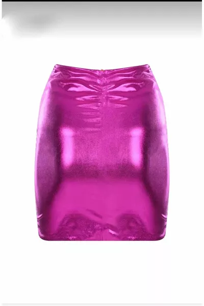 WOMEN'S METALLIC LEATHER LOOK FUCHSIA CHRISTMAS PARTY WRAPOVER ASYMMETRIC MINI SKIRT