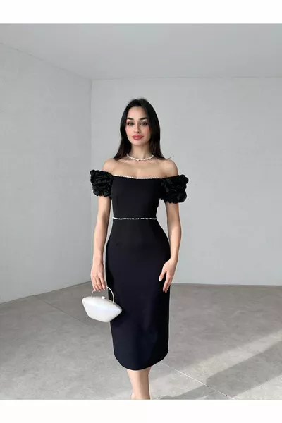 أسود كشكش الأكمام اللؤلؤ مفصلة شق أنيق أنيق ميدي اللباس