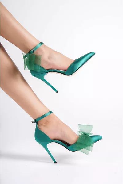 Green Satin Women's Tulle Bow Stiletto 