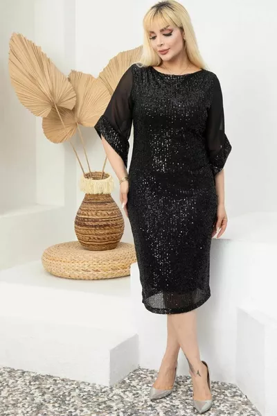 Schwarzes Midi-langes Pulpayet Chiffon-Design Halbarm-Abendkleid in Übergröße für Damen