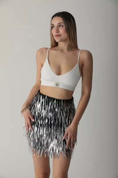 التصميم: تنورة قصيرة مطرزة بالترتر