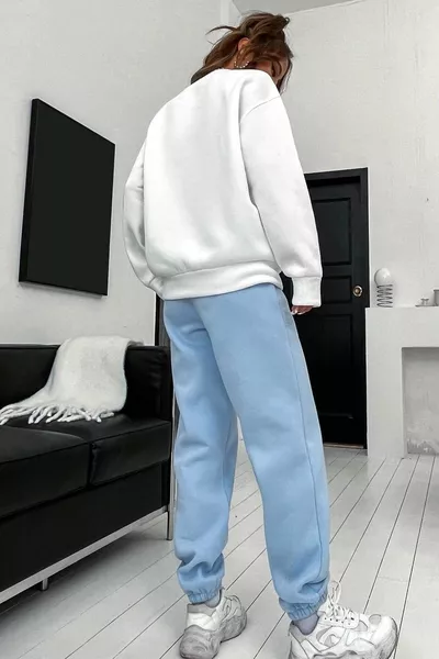 Женский детский синий белый бруклинский принт оверсайз с круглым вырезом верхом и низом спортивный костюм