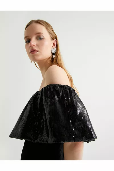 Pailletten-Abendkleid mit Pailletten schulterfrei Mini-Größe Slim Fit