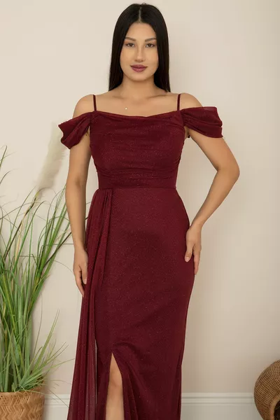 كم منخفض طويل بريق تول مساء اللباس 