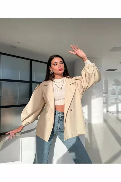 Balloon Cufflinks Short Trench Coat Bondit Fabric