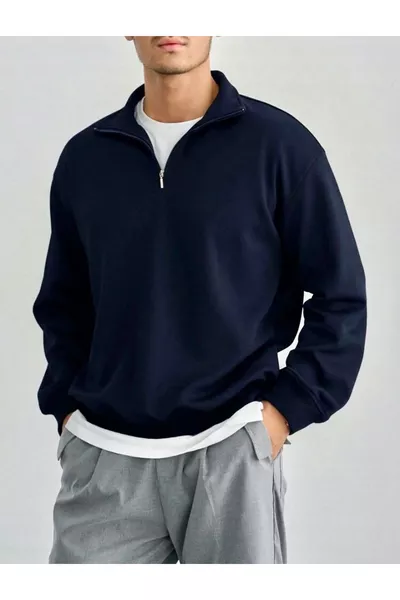 Lacivert Dik Yaka Düz Fermuarlı Sweatshirt