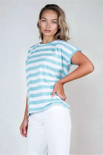  % Baumwolle Gestreiftes Damen-T-Shirt mit umgeschlagenem Ärmelabschluss - In verschiedenen Farben erhältlich