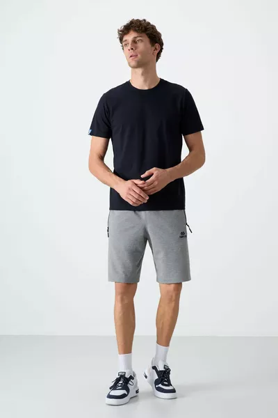 Gray Melange Drawstring Standard Fit Men's Shorts with Hidden Zipper Back Pocket - 