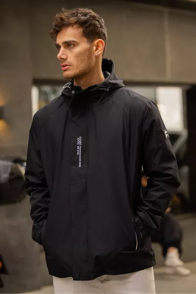 Herren Regenjacke mit Innenfutter, wasserabweisend, mit Kapuze