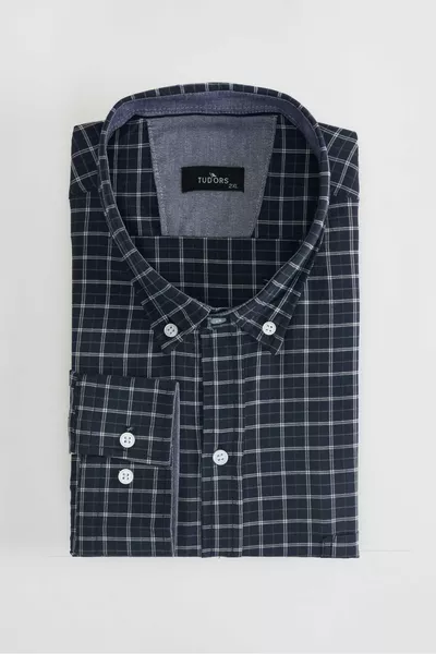 Plus Size Button-Down Collar Small Check Cotton Men's Shirt