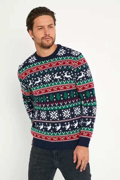 سويتر رجالي كريسماس باللون الأزرق الداكن والأحمر