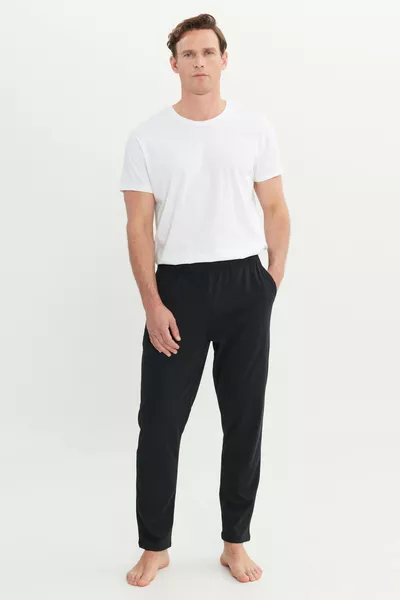 Herren Schwarze Baumwoll-Pyjama-Hose Standardfit Normalschnitt Mit Elastischem Bund Und Taschen
