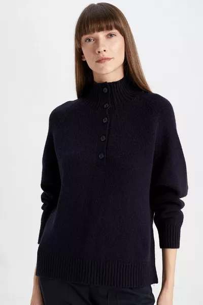 Relax Fit Soft Textured Buttoned Collar Basic Plain Knit Sweater wn