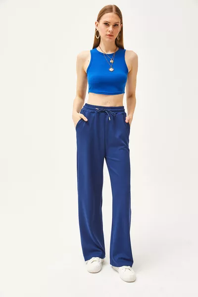 Dames Navy Blauwe Zakken Zachte Structuur Modal Palazzo Trainingsbroek 