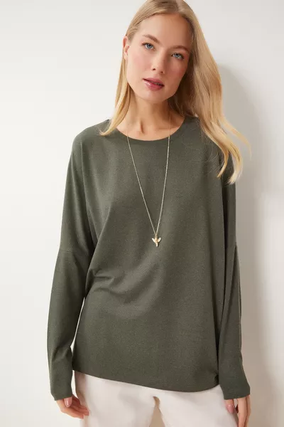 Kadın Haki Bisiklet Yaka Yarasa Kol Örme Bluz  